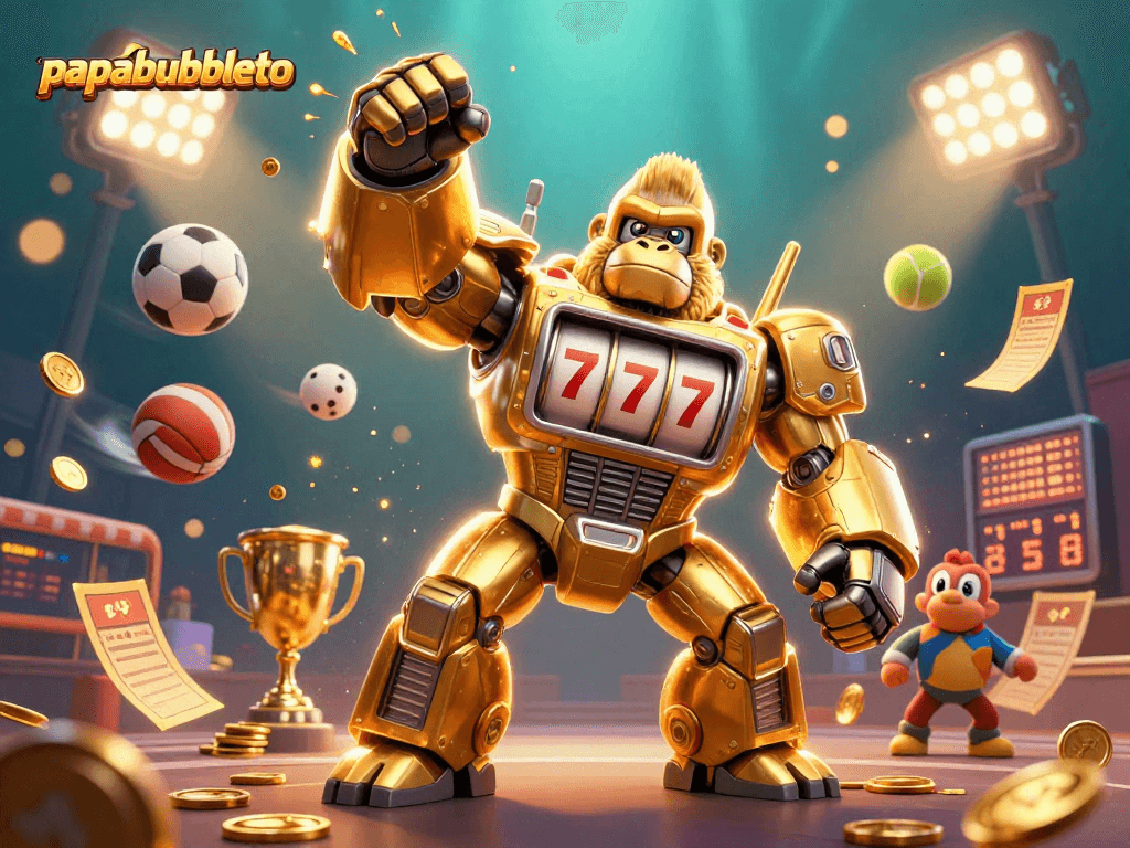 Experience thrilling sports betting at papabubbleto featuring dynamic 3D action with a golden gorilla mech and sports elements.