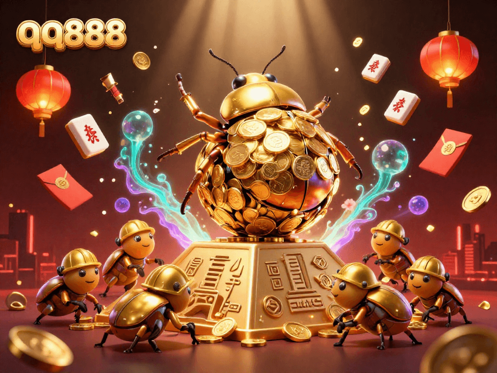 Exciting scene of qq888 with golden beetles rolling coins in a vibrant casino world, capturing action.