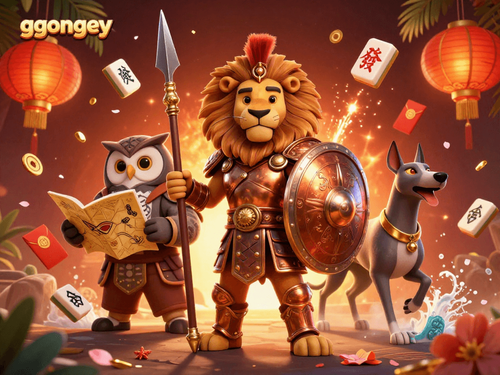 ggongey promotes thrilling casino adventures with a Spartan lion, owl strategist, and greyhound messenger.