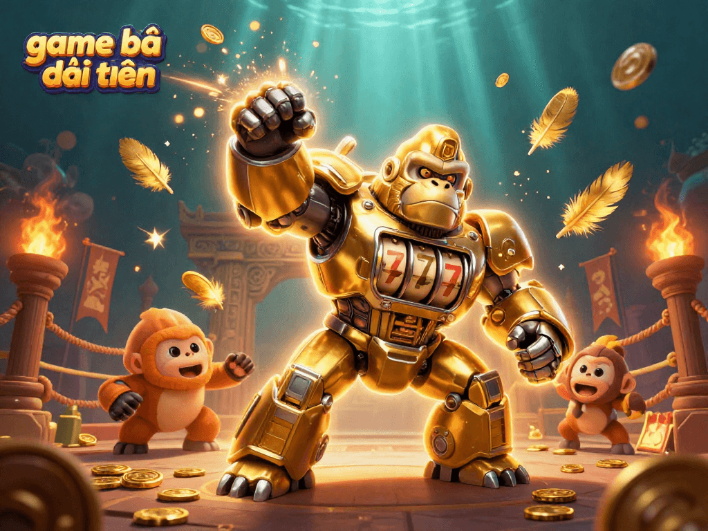 Engage with exhilarating game bài đổi thưởng featuring a golden gorilla mech surrounded by casino elements.