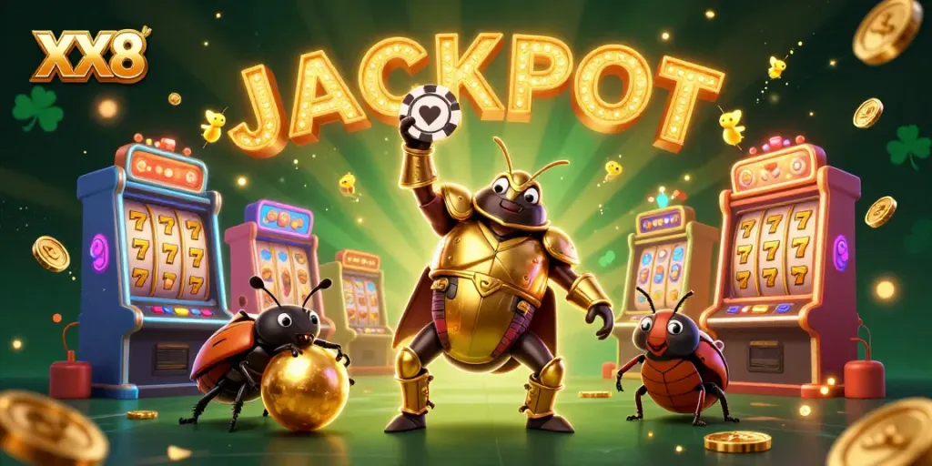 Experience the thrill of winning at XX8 casino with a vibrant illustration of a victorious beetle and gaming elements.