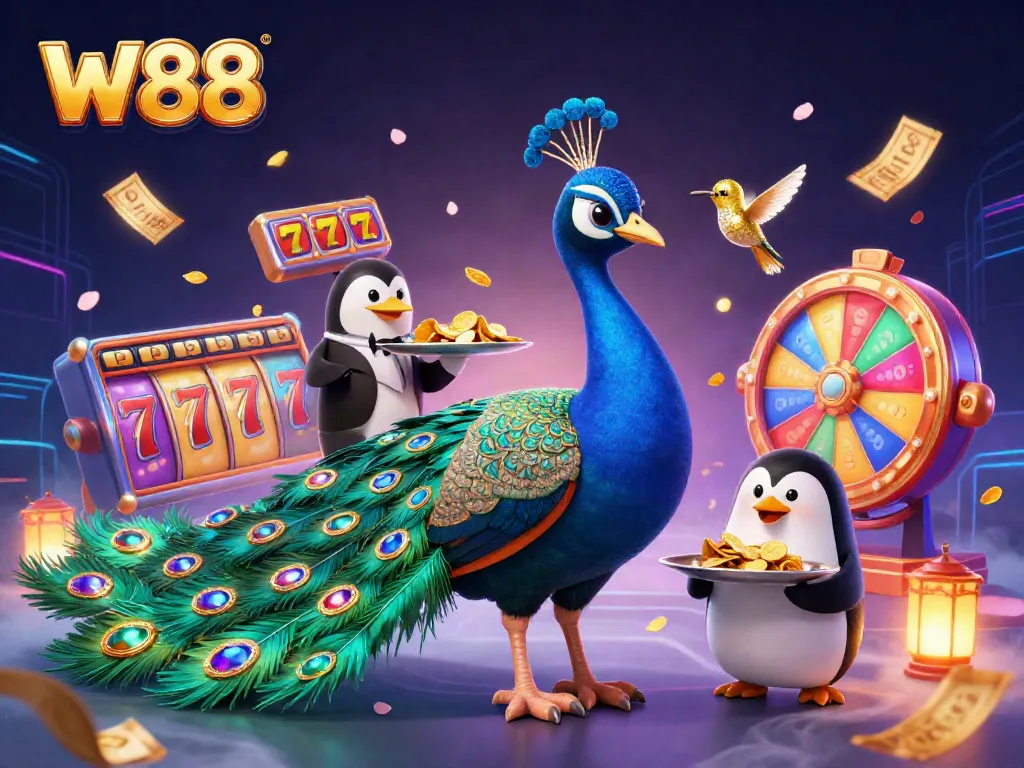 Spin the reels at W88, featuring vibrant slot machines and festive casino characters.