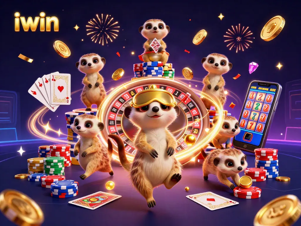 iwin meerkats engage in a dynamic casino operation with vibrant neon elements and exciting game symbols