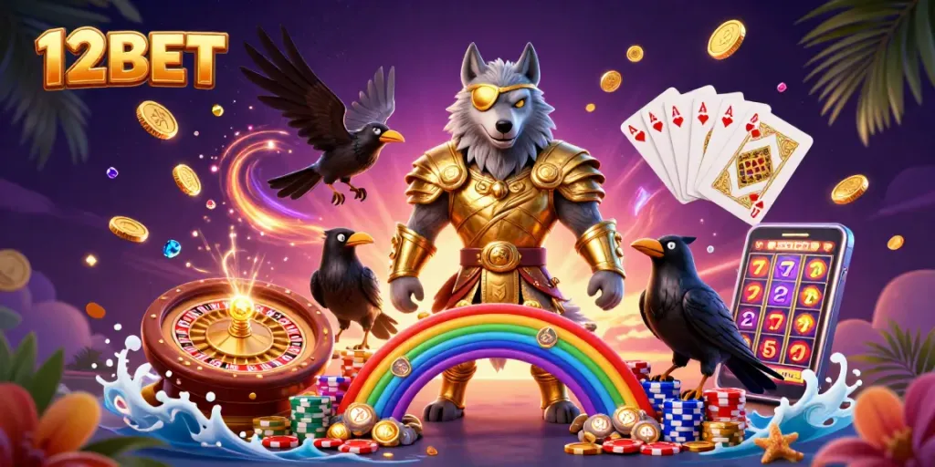 Experience thrilling gaming with 12BET as Odin stands by a vibrant casino landscape.