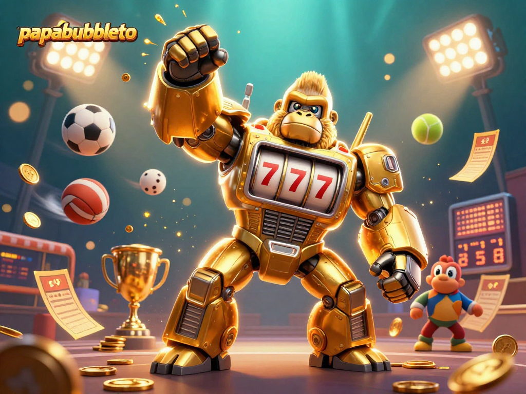 Experience thrilling sports betting at papabubbleto featuring dynamic 3D action with a golden gorilla mech and sports elements.
