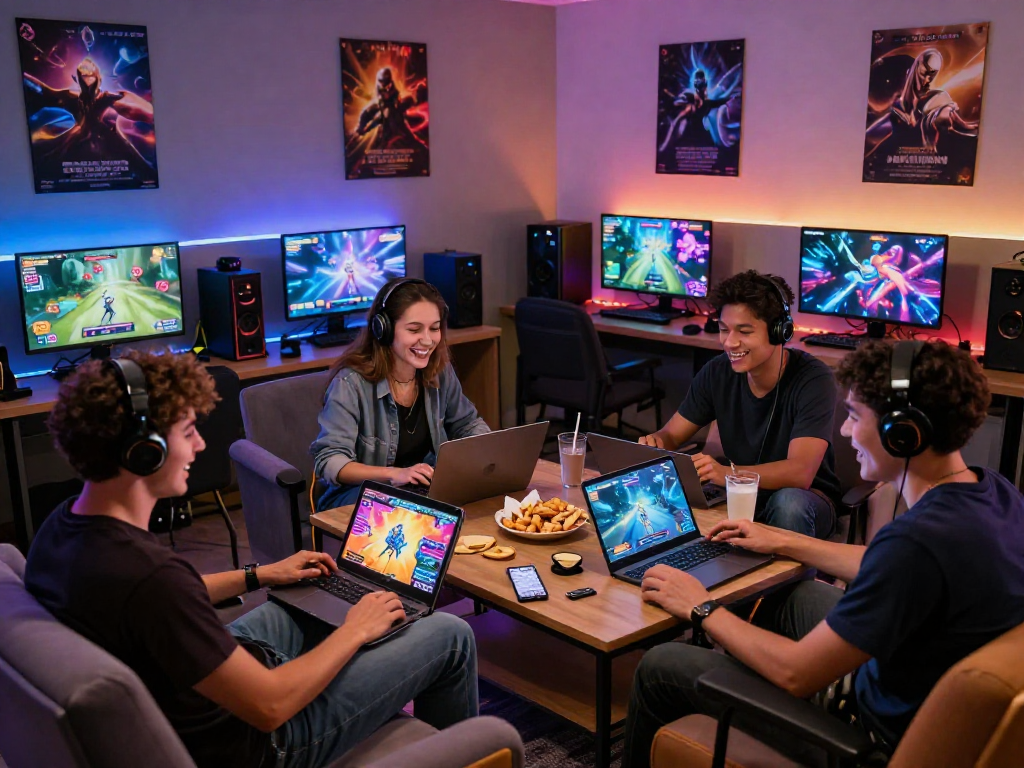Gamers engrossed in free game porn on multiple devices in a cozy lounge