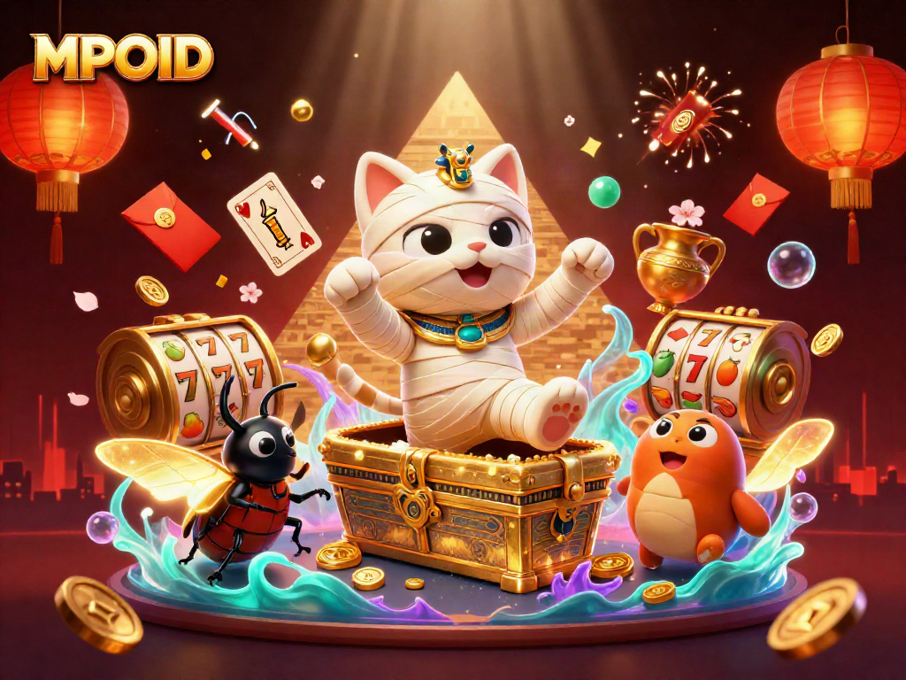 Engage with MPOID in a vibrant casino scene featuring a mummy cat and golden treasures.