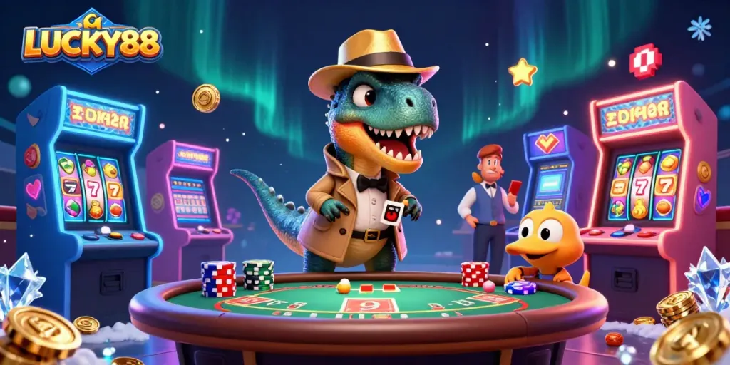 Lucky88 velociraptor card counter in a bustling casino scene, showcasing engaging slot elements.