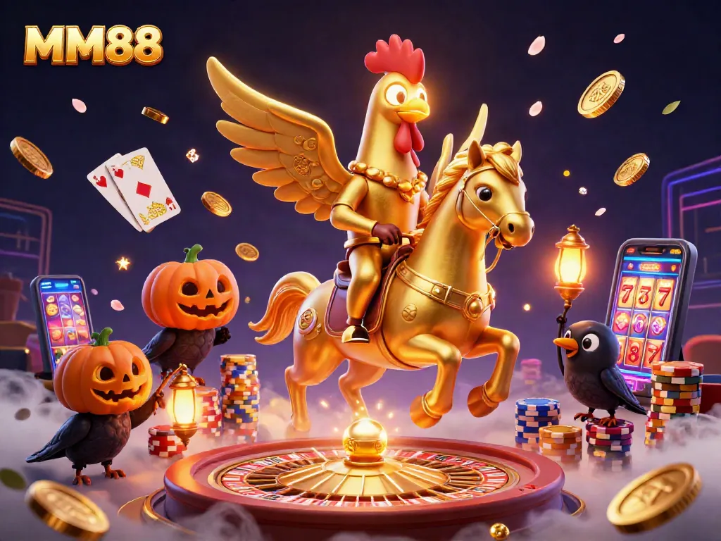 Experience MM88 excitement with a golden rooster riding through a lively casino.