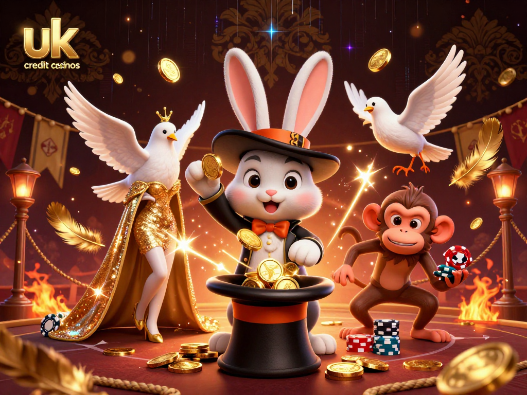 Engaging scene at uk credit card casinos featuring a magician rabbit, sequined dove, and monkey with poker chips amidst a festive casino backdrop.