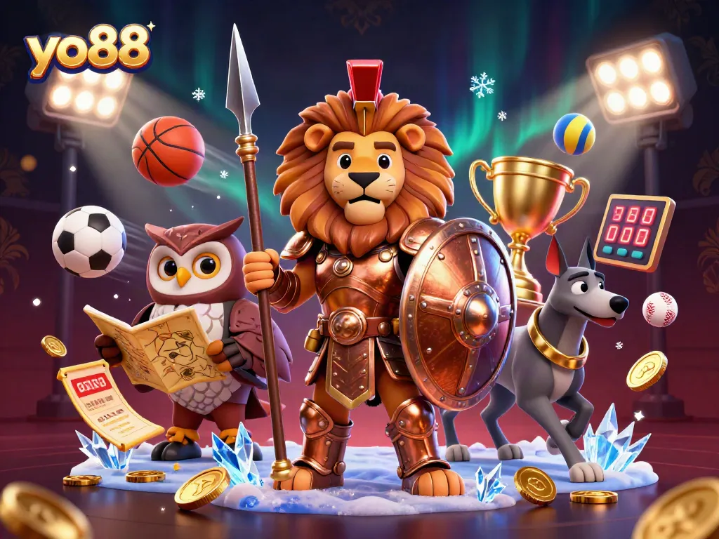 Experience the thrilling realm of yo88 with a Spartan lion and strategic owl amidst dynamic sports elements.