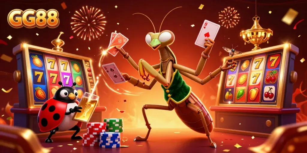 GG88 showcases vibrant excitement with a praying mantis dealer spinning slots and celebrating wins.