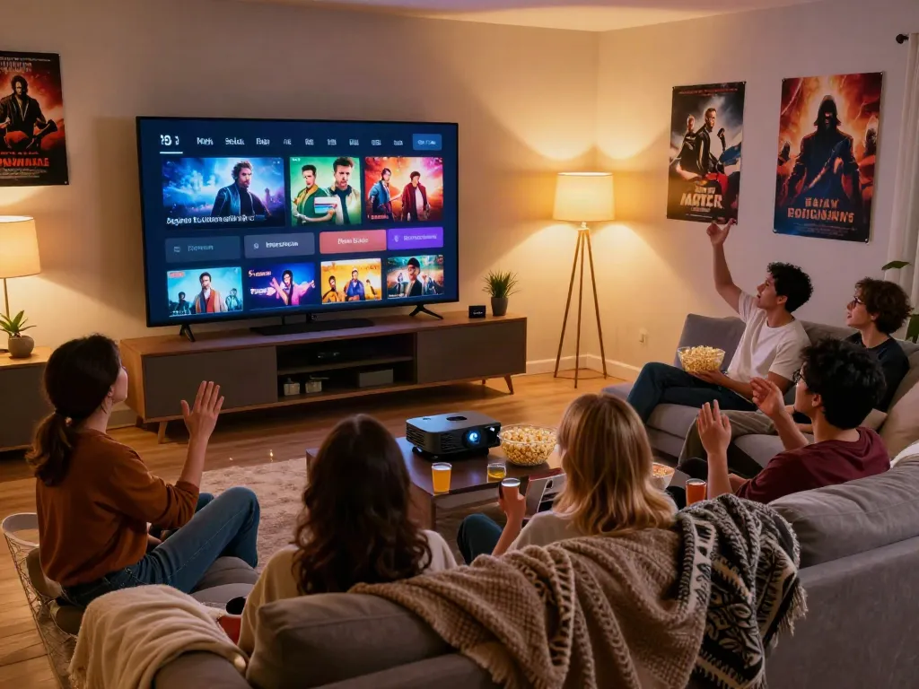 Watch movies in a cozy living room with friends enjoying a cinematic experience.