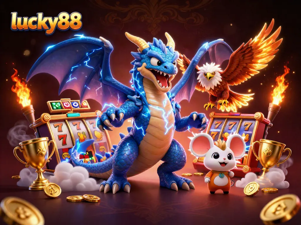 Bet on thrilling games with lucky88 in a vibrant casino scene featuring dynamic slot game elements.