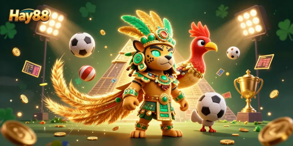 Engage with Hay88's vibrant gaming world, showcasing a Mayan jaguar priest in a colorful scene of sports and casino action.