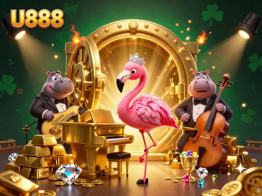 Experience the thrill of U888 gaming at a vibrant casino with singer flamingo and hippo bassist.