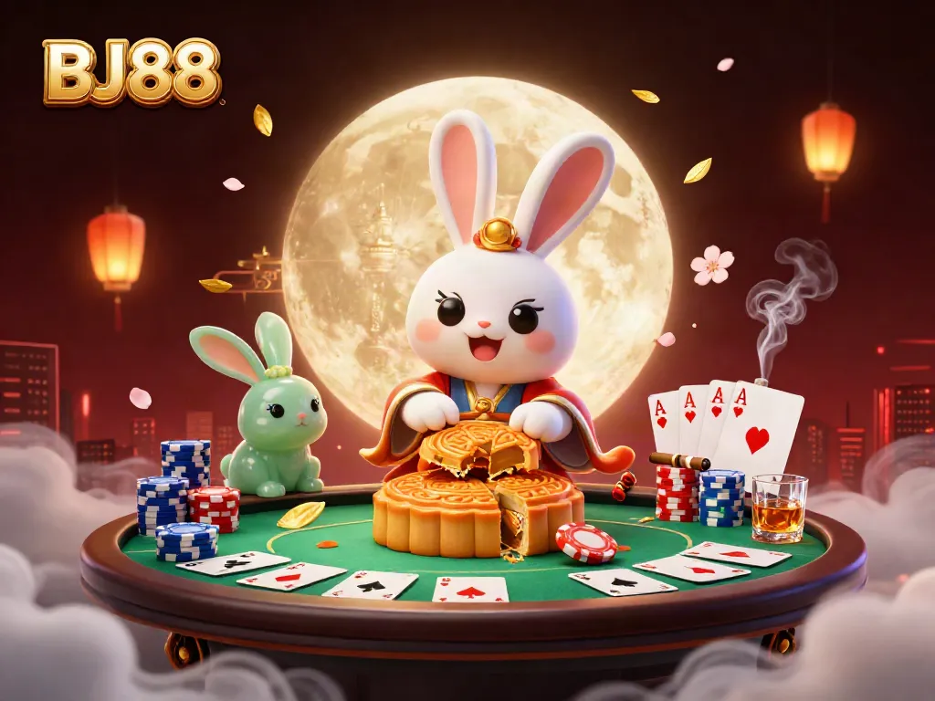 Experience the excitement of BJ88 with a lunar-themed poker scene filled with vibrant casino elements.