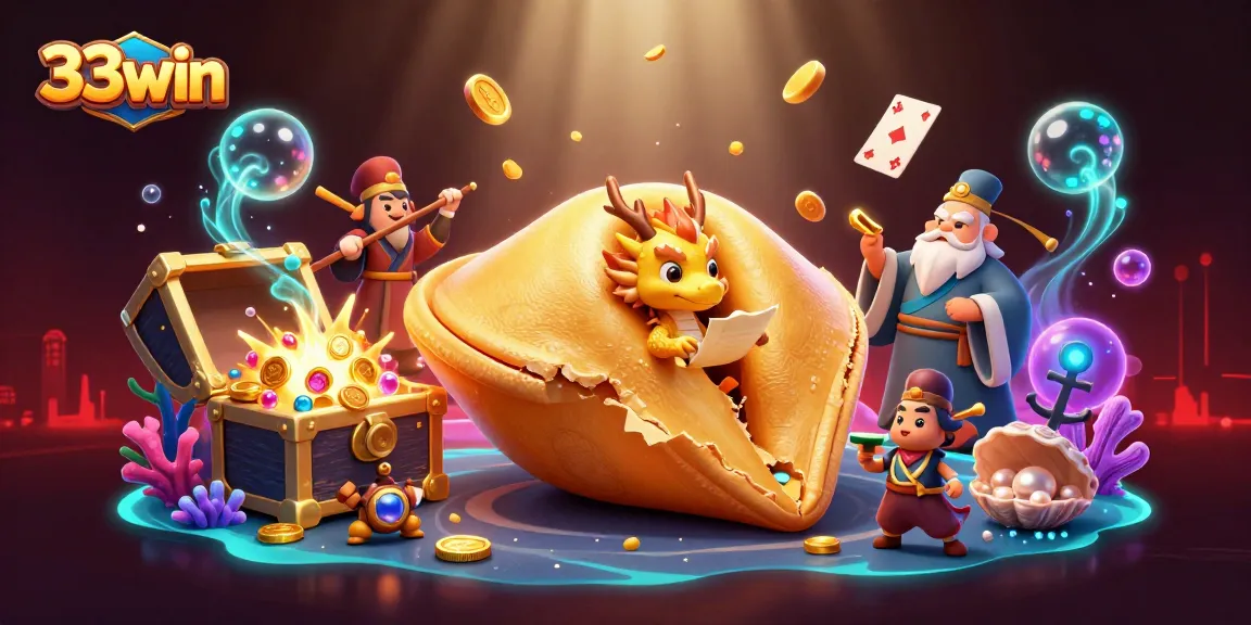 Engage with 33win's thrilling casino adventures through a vibrant golden fortune cookie scene.