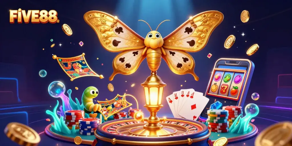 Experience the excitement of winning at FIVE88 with vibrant casino scenes and golden rewards.