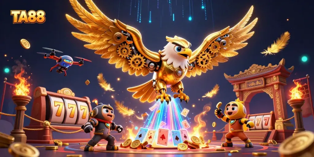 TA88 showcases thrilling casino action with a cybernetic eagle diving through holographic cards.