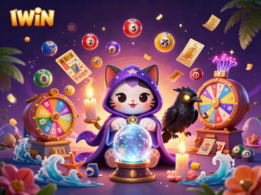 IWIN casino illustration featuring a mystic cat and a raven surrounded by vibrant lottery elements.