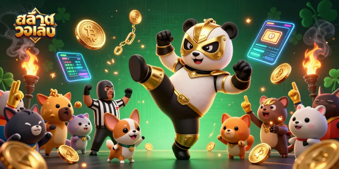 Play exciting สล็อตวอเลท with a dynamic 3D illustration of a panda wrestler kicking, surrounded by crypto elements.