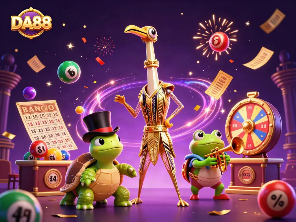 Experience thrilling gameplay at DA88 with vibrant lottery and casino elements surrounding colorful characters.