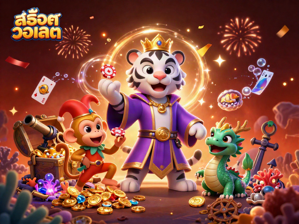 Engage with สล็อตวอเลท excitement as a majestic tiger, playful monkey, and jade dragon come alive in a vibrant casino scene.