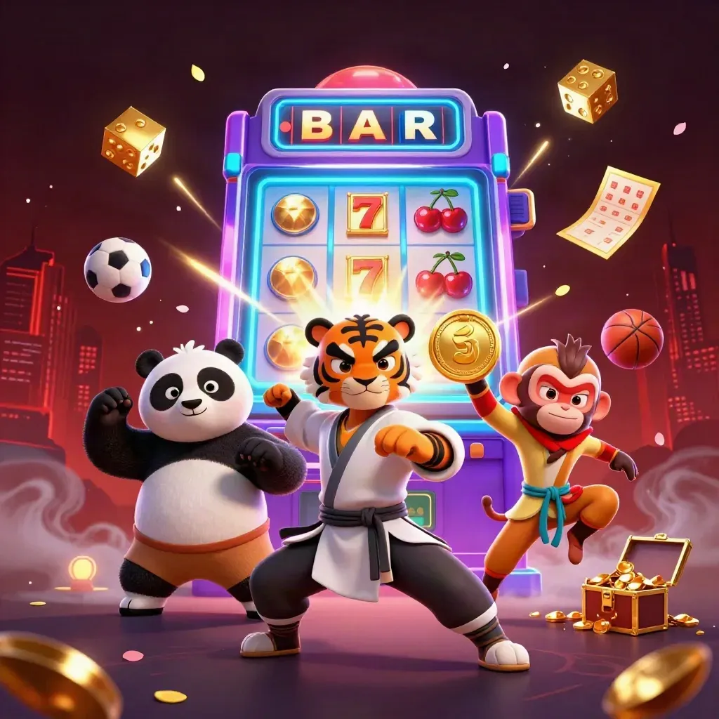 Tiger, panda, and monkey amid a bursting slot machine, gold, dice, and neon casino effects.