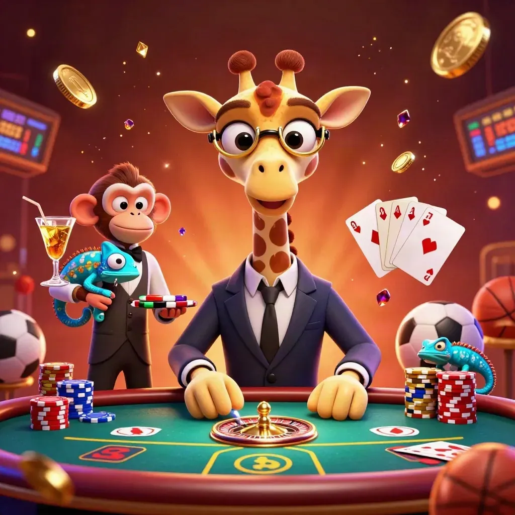 Giraffe, monkey, and chameleon amid casino chips, coins, cards, roulette wheel, and sports props.
