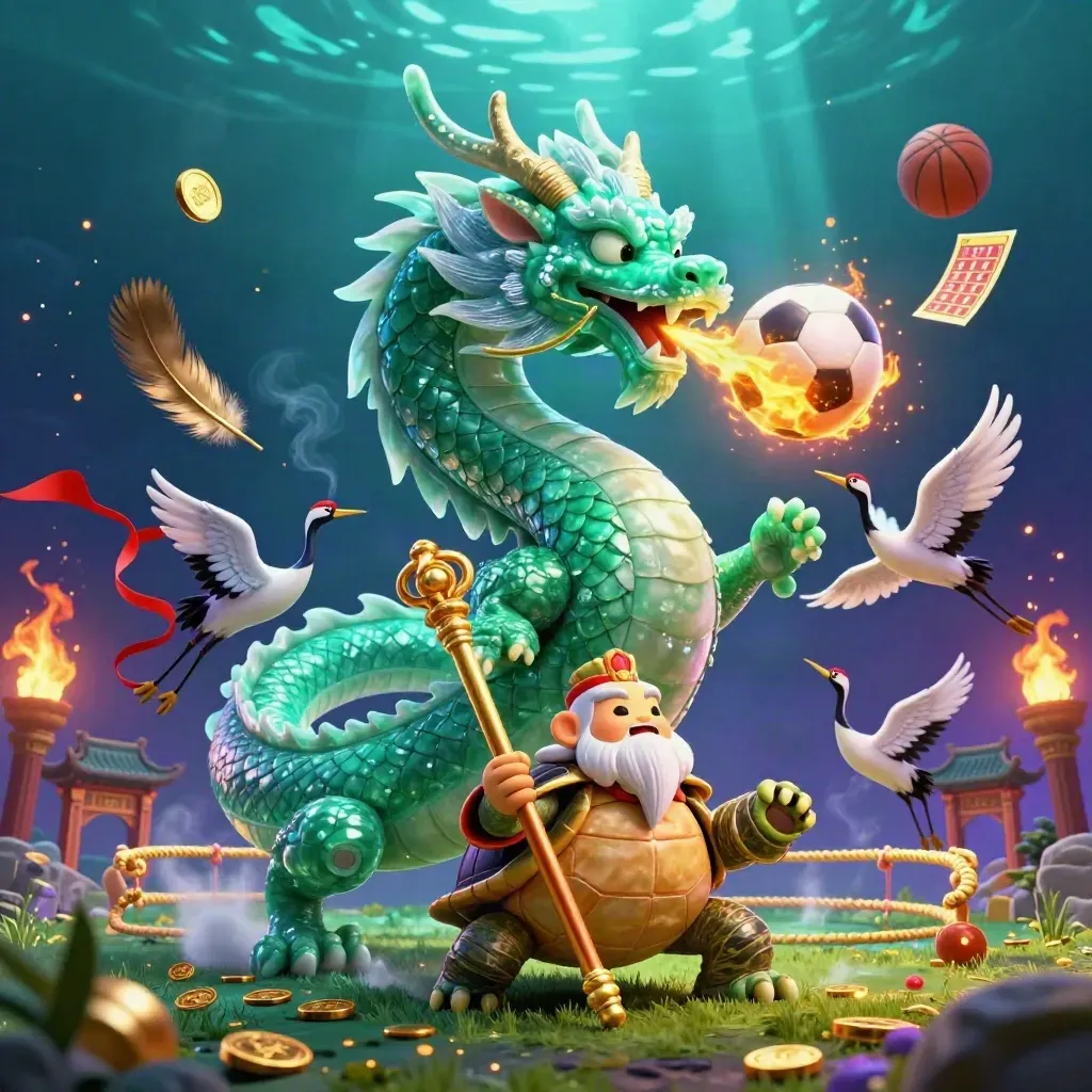 Emerald dragon, turtle sage, and cranes amid a flying soccer ball, fire, coins, and temple gate.