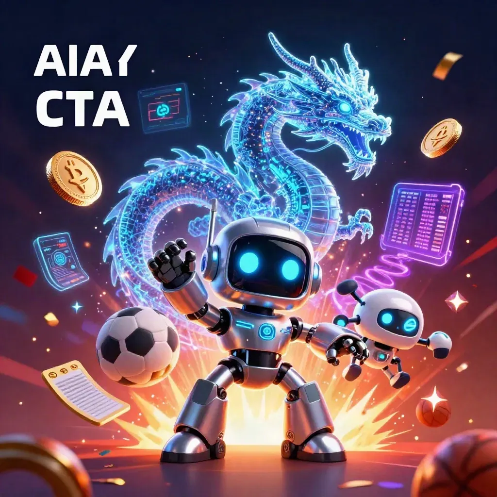 Robot mascot, holographic dragon and coin drone amid neon casino gaming effects in dark crimson glow.