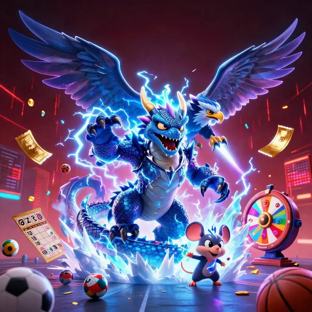 Lightning dragon, wind hawk and static mouse burst through casino sports props and neon haze.