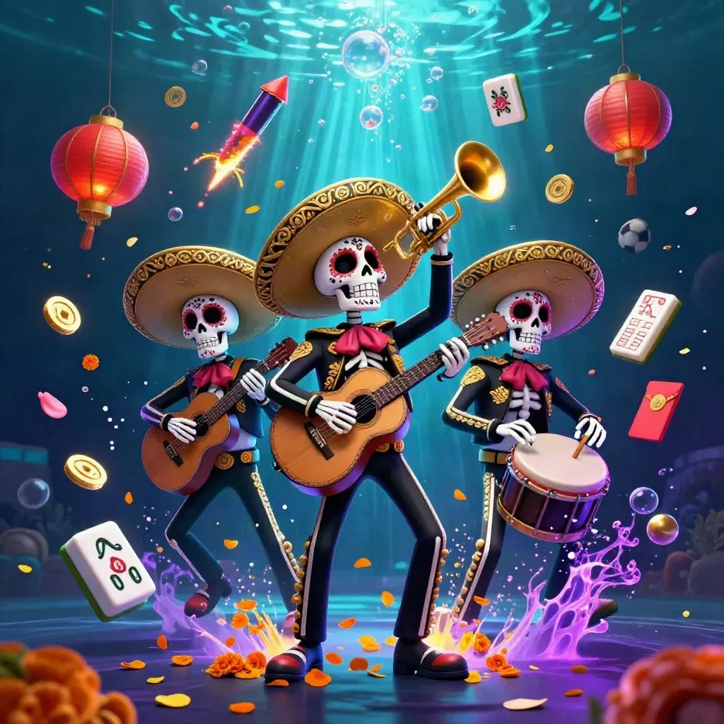 Skeleton mariachi trio amid casino-sports icons in glowing underwater neon.