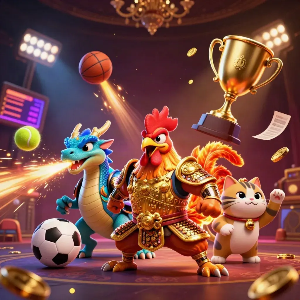 Neon casino sports key art with rooster warrior, dragon hatchling, cat, balls, trophy, coins