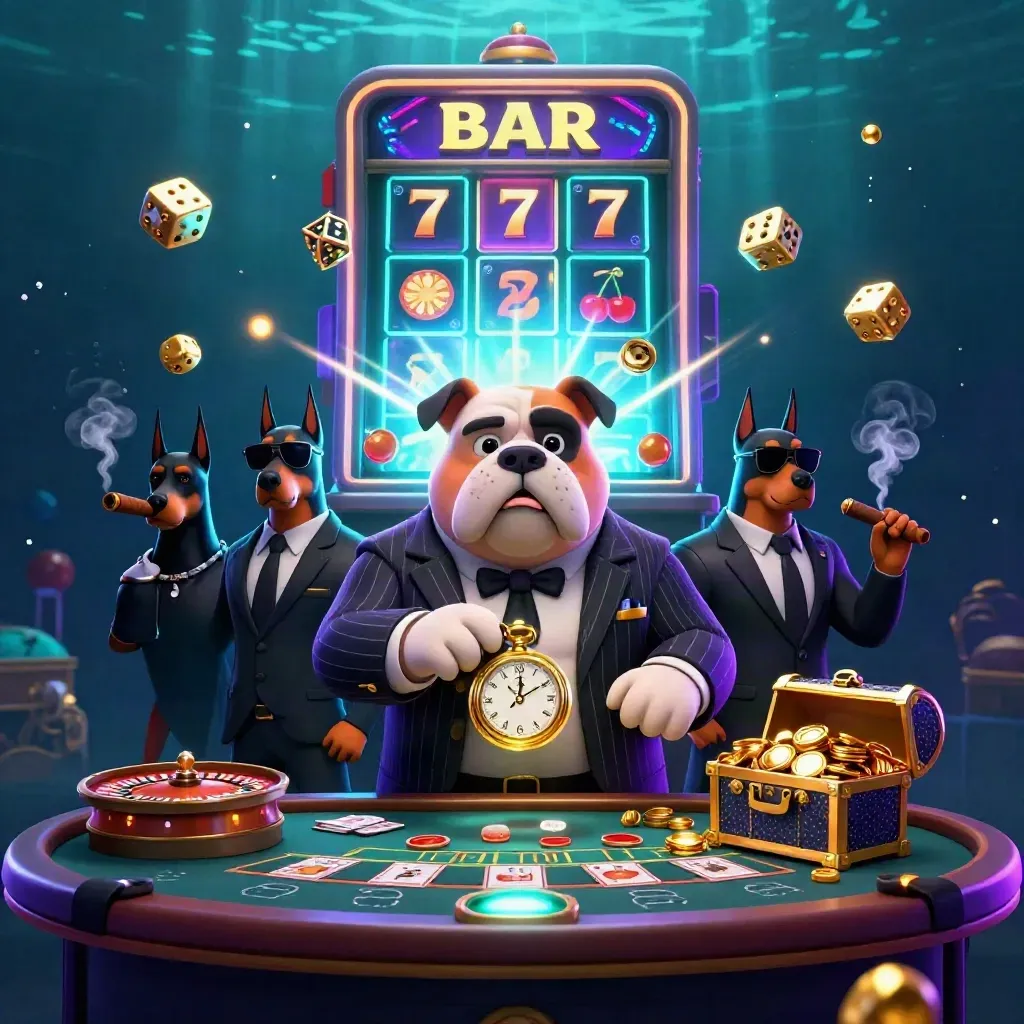 Cartoon bulldog boss with Doberman guards in a neon casino scene as slots, dice, and gold explode.