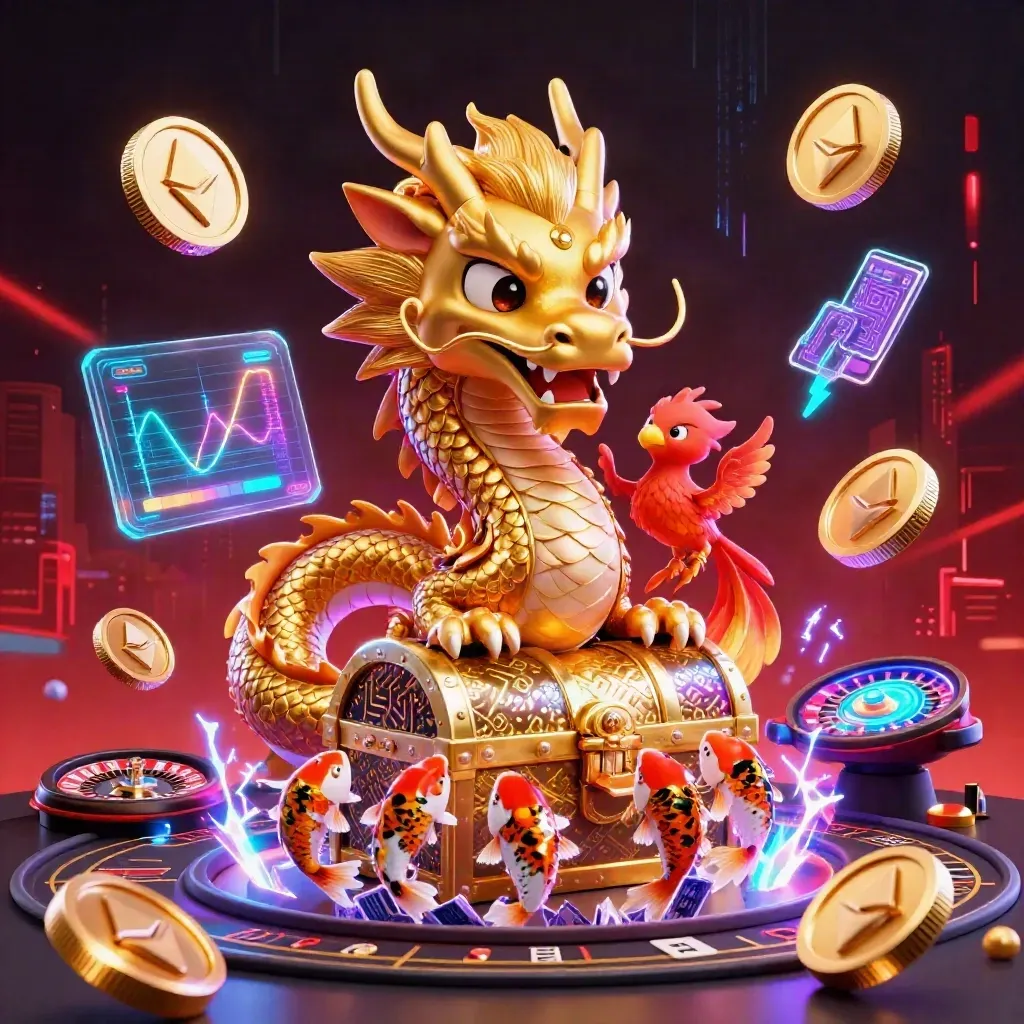 Golden dragon with phoenix, koi, casino props, neon coins, and a cyber-luxe roulette scene.