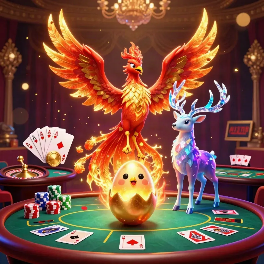 Phoenixes and a crystalline stag amid casino tables, chips, cards, and glowing gold bokeh.