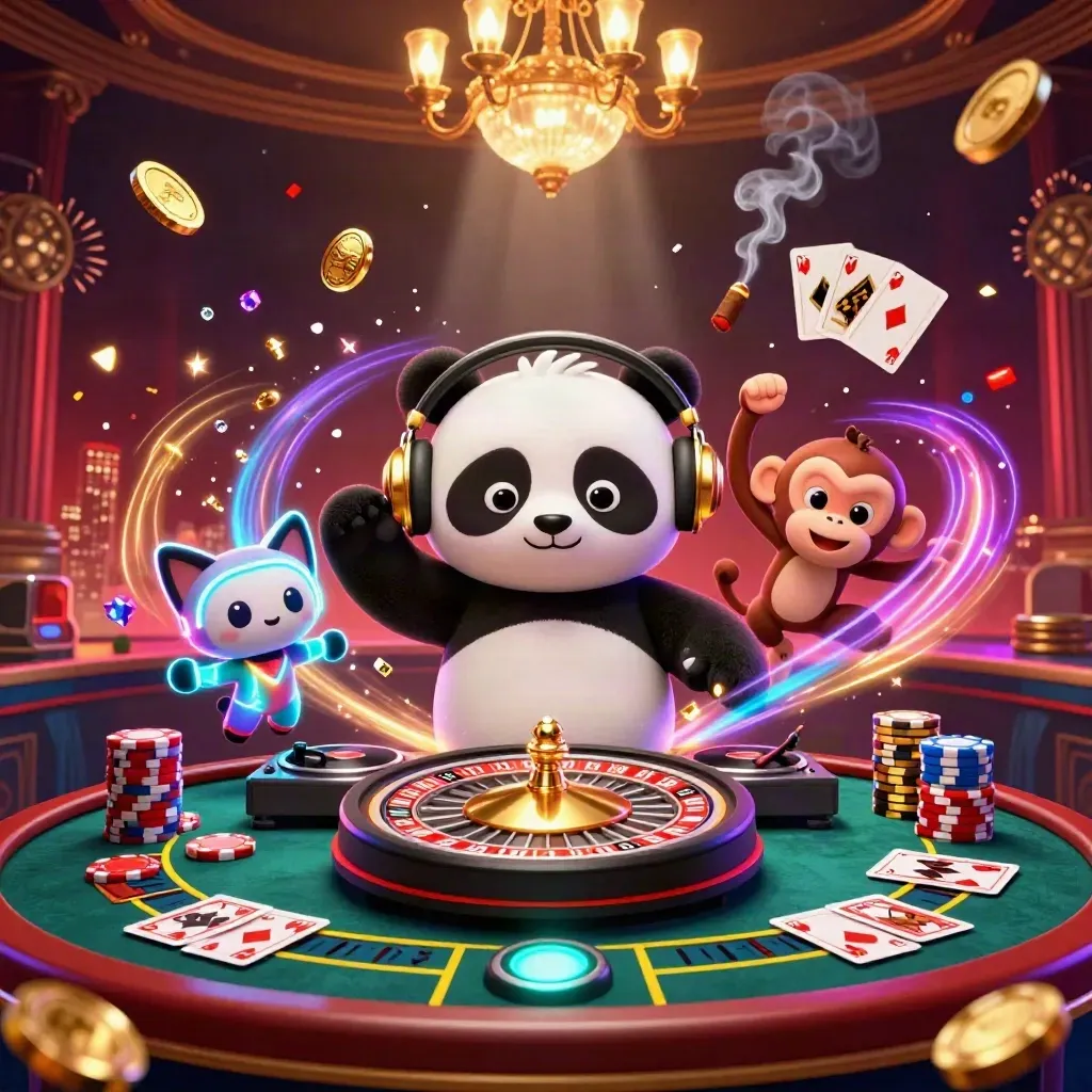 DJ panda, breakdancing monkey and glow-stick kitten amid neon casino coins, chips and roulette glow