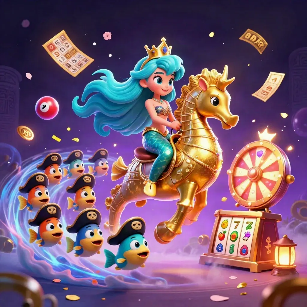 Mermaid princess on golden seahorse amid casino game bursts, neon cyan fantasy key art.