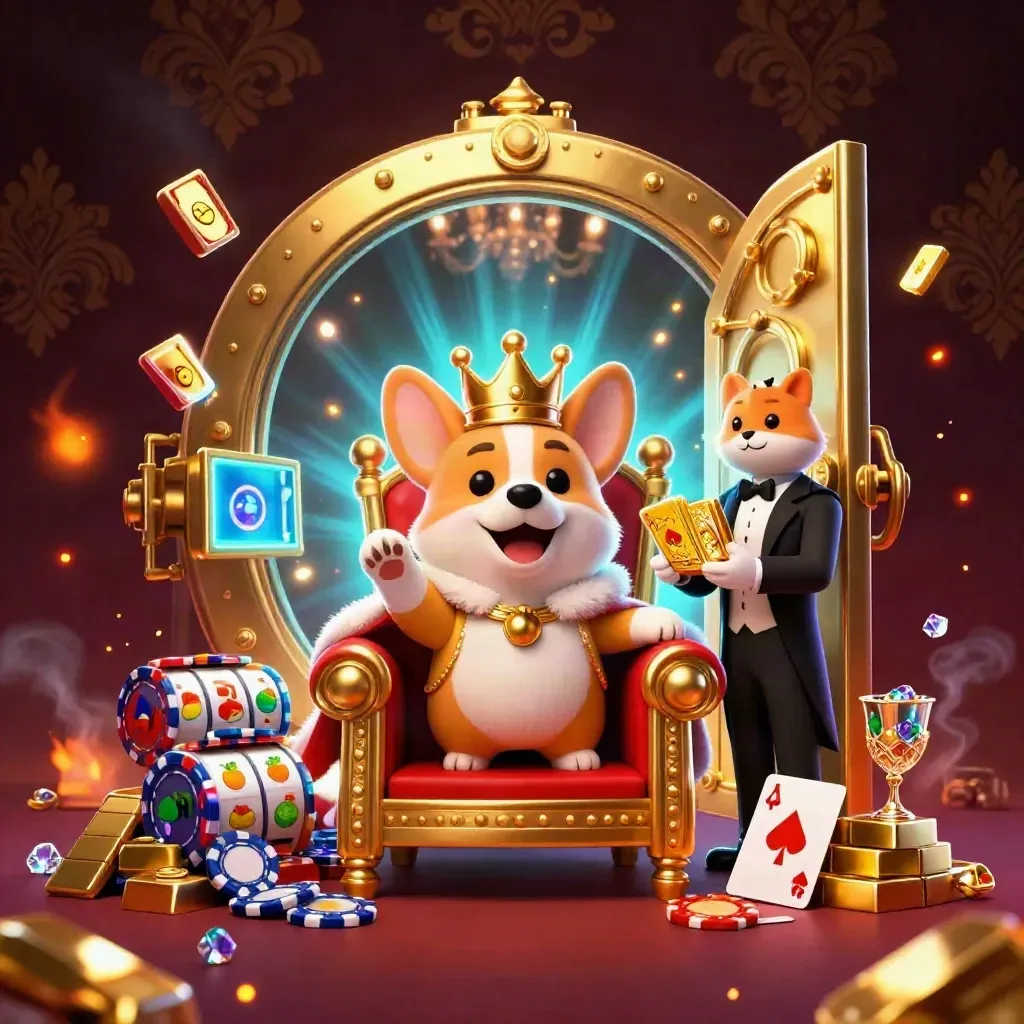 Royal corgi king and cat butler amid exploding vault gold, gems, and cyan casino magic.