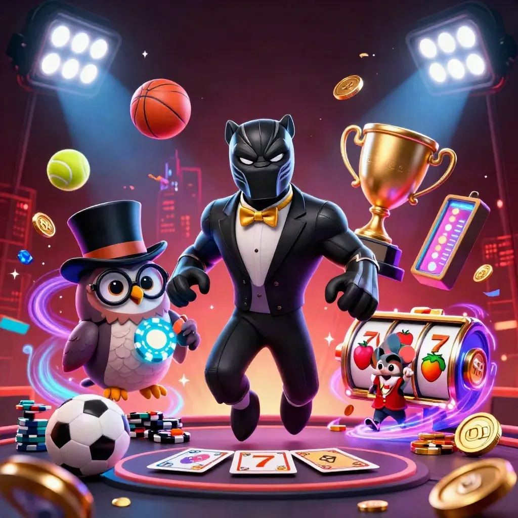 Panther, owl, and mouse amid casino sports chaos, neon lights, chips, trophies, and fireworks