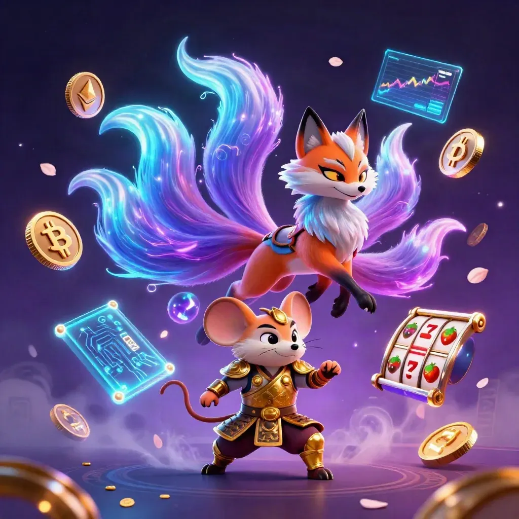Nine-tailed fox spirit and armored samurai mouse amid neon crypto magic in a purple casino fantasy.