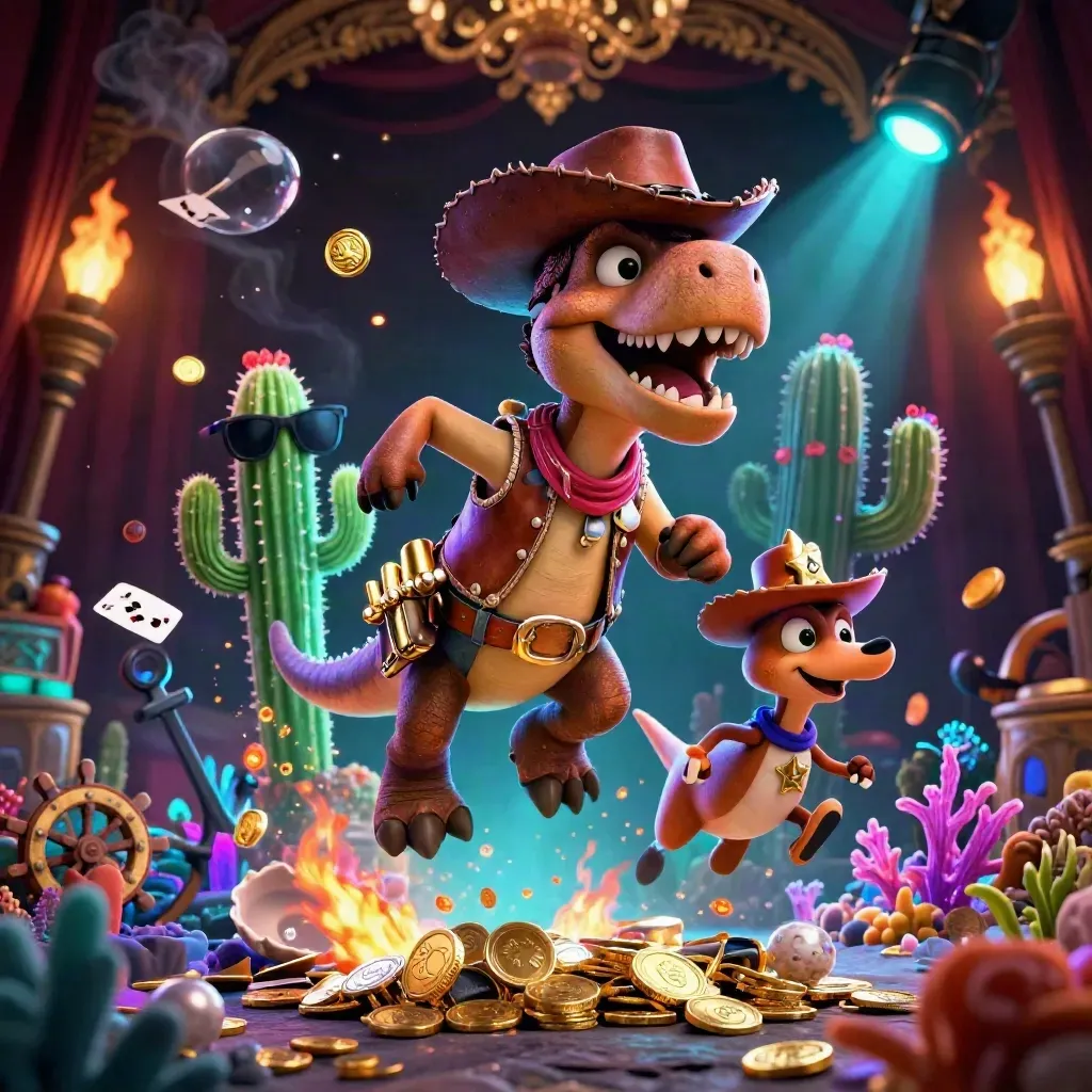 Cowboy T-Rex, cactus, and roadrunner in a neon treasure cove with coins, coral, and dramatic casino lighting.