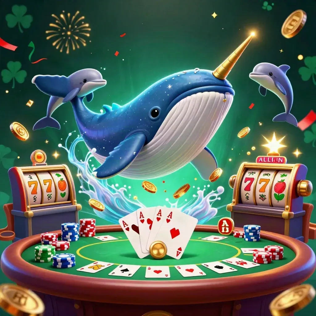 Whale captain, narwhal, and dolphins explode through coins in neon casino key art.
