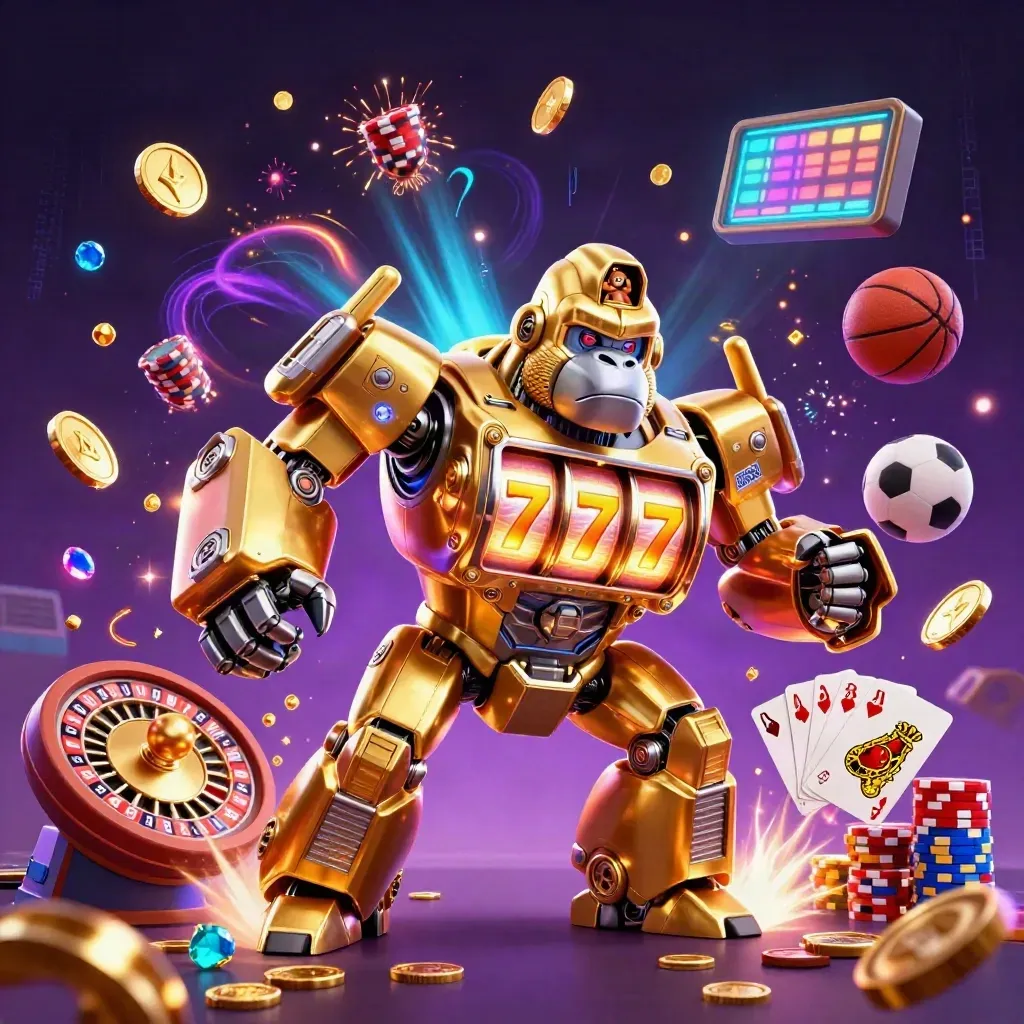 Golden gorilla mech with monkey pilot exploding coins, gems, cards, chips, and neon casino effects