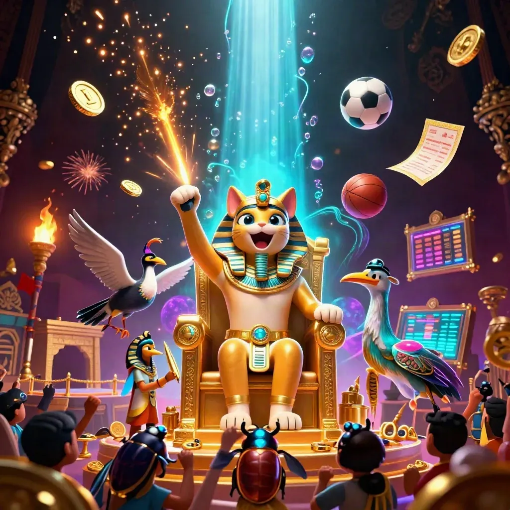 Pharaoh cat, ibis scribe and gem-wing scarabs amid coins, fire, temples and neon casino light.