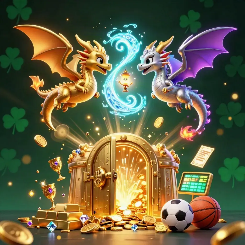 Twin gold and silver dragons form a yin-yang amid vault treasure, gems, and neon casino glow.