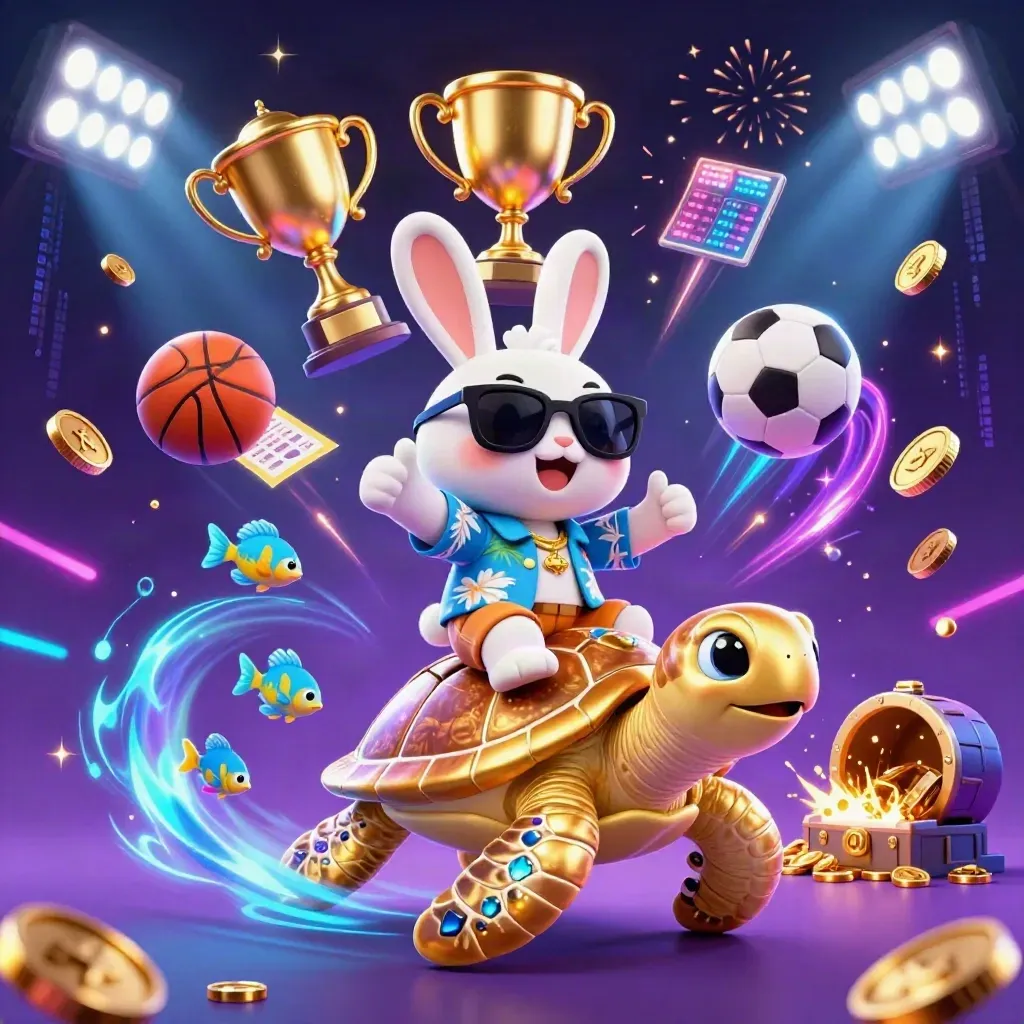 Lucky rabbit on a golden turtle amid coins, fireworks, sports balls, and neon casino effects.