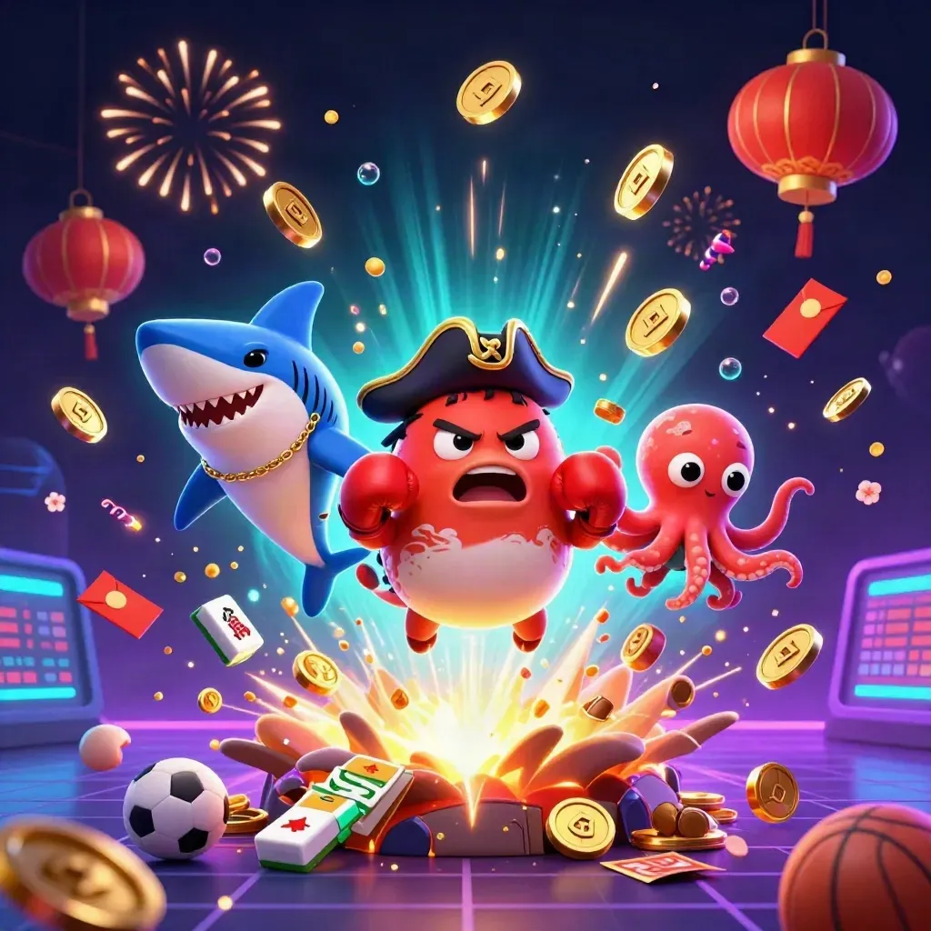Pirate shark, boxing pufferfish, and juggling octopus amid casino coins, lanterns, fireworks, and sports props.